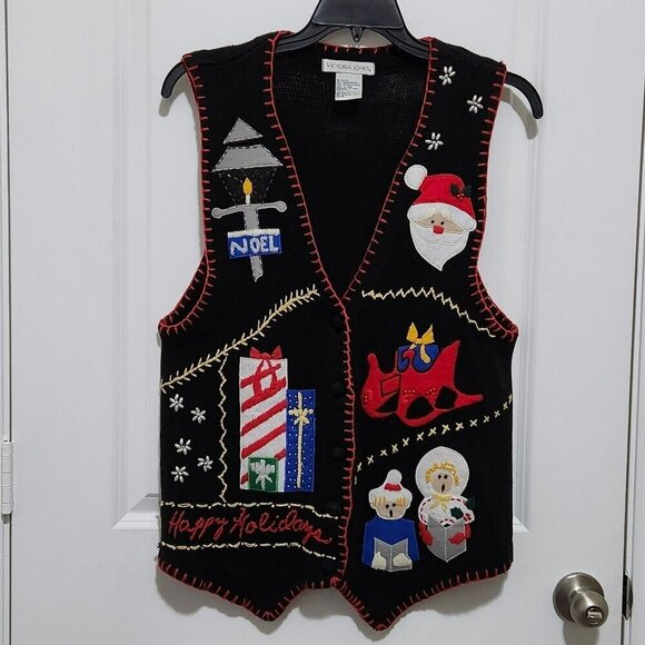 Vtg Victoria Jones Women's L Black Christmas Sweater Vest Beaded Button Up - Picture 1 of 7
